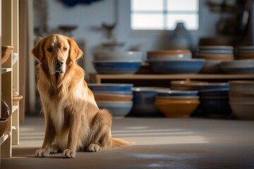 Environmental portrait photography of a curious golden retriever being at a pottery studio against beach boardwalks background. With generative AI technology