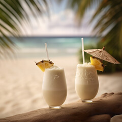 Wall Mural - Delicious cocktails on beach arrangement. Two pina colada in the sand with pineapple. Beach tropical cocktails. 3D realistic illustration. Generative AI