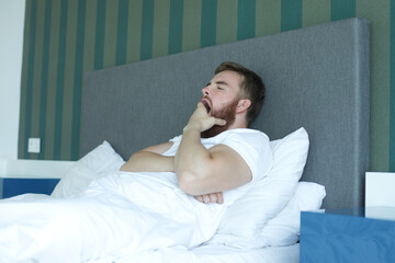 Wall Mural - Young happy bearded handsome sleepy man lay in bed in bedroom at home in early morning, smile and looking at camera