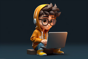 Portrait of successful programmer, game developer or coder guy in uses computer laptop for work. Game design. Hacker boy. Generative Ai. Gamer in headphones.