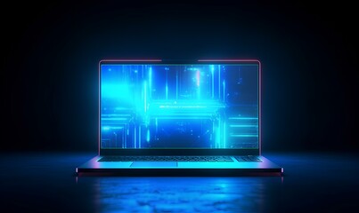 portable neon computer with a blank screen and a desk in a dark room with blue lighting. technological background with a laptop. generative AI