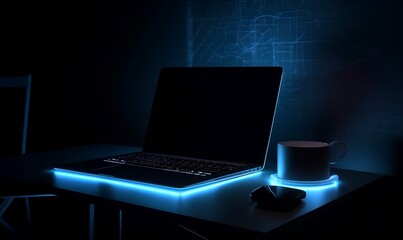 portable neon computer with a blank screen and a desk in a dark room with blue lighting. technological background with a laptop. generative AI