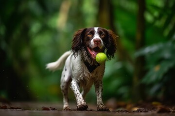 Environmental portrait photography of an aggressive english springer spaniel playing with a tennis ball against tropical rainforests background. With generative AI technology