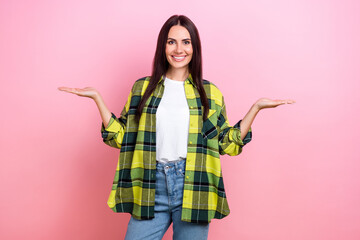 Sticker - Photo of pretty cute woman dressed plaid shirt comparing arms empty space isolated pink color background