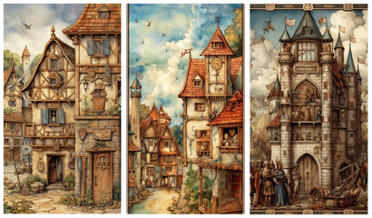 Wall Mural - Watercolour fantasy illustrations of old medieval castle and buildings. Greeting cards or envelopes project print. Set no 10.