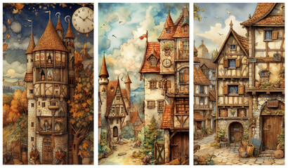 Wall Mural - Watercolour fantasy illustrations of old medieval castle and buildings. Greeting cards or envelopes project print. Set no 9.