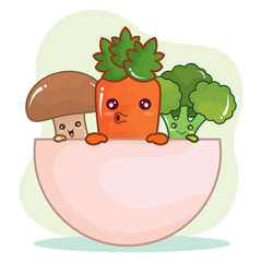 Canvas Print - Isolated bowl with cute carrot broccoli and mushroom Vector