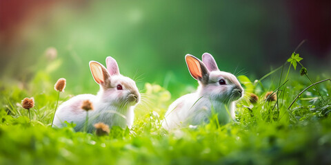 Wall Mural - Fluffy bunnies in a meadow during summer time, sunshine dream atmosphere, soft focus, copyspace background - generative AI