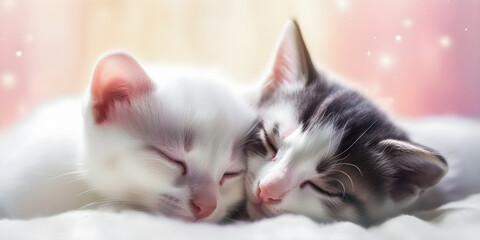 Wall Mural - Very cute kittens sleeping in woolen blankets, soft focus, dreamy atmosphere, adorable animals - generative AI