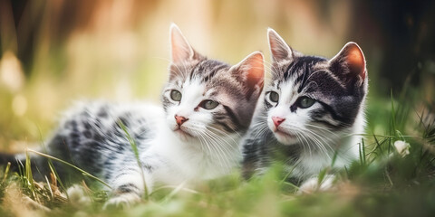 Wall Mural - Very cute kittens looking curious, dreamy atmosphere, soft focus, copy space, adorable animals - generative AI