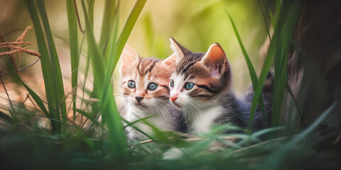 Wall Mural - Kittens in high grass, between plants and flowers, dreamy atmosphere, soft focus, adorable animals - generative AI