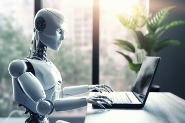 ai android robot writing text on laptop.