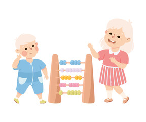 Happy girl and boy counting on wooden abacus. Joyful kids brother and sister playing together or learning math cartoon vector illustration
