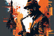 Jazz saxophone player in Paris illustration for jazz poster, african american  jazz musician playing the saxophone, saxophone player in front of the eiffel tower, generative ai