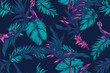 seamless pattern fuchsia and coral jade blue green background with tropical leaf shapes. AI generated.