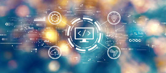 Web development concept with blurred city lights at night