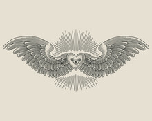 Heart With Wings And Eye. Vintage Engraving Vector Illustration