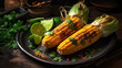 photo close-up corn with chili powder and salt. Grilled sweet corn, Summer vegan dinner or snack, generative AI tools 