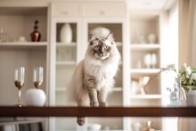 Lifestyle Portrait Photography Of A Curious Ragdoll Cat Climbing Against A Chic Dining Room. With Generative AI Technology