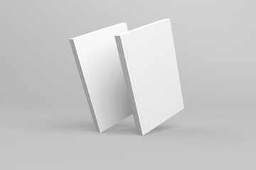 2 softcover book mockups are standing on a gray background, designed with 3D render visual effects that are indistinguishable from reality. A mockup, with flashy white covers resembling a real book.