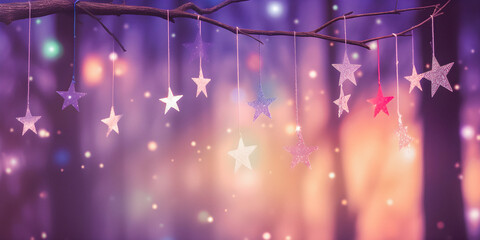 Wall Mural - stars in an abstract environment with purple and yellow glowing particles, soft focus background wit