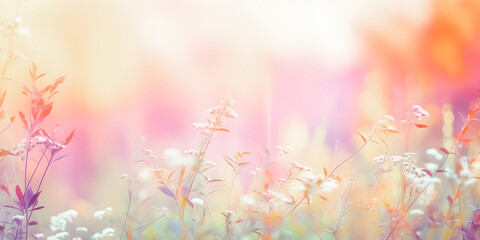 Wall Mural - Pastel colored flower meadow, soft focus background with copyspace - generative AI