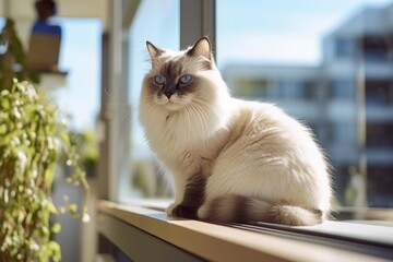 Wall Mural - Lifestyle portrait photography of a curious ragdoll cat crouching against a sunny balcony. With generative AI technology