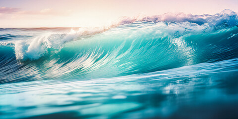 Wall Mural - clear blue ocean waves on a white sandy beach during sunset, soft focus background with copyspace - 