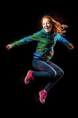 Wall Mural - Young redhead girl in jump against black background with colorful powder splashes, Generative AI