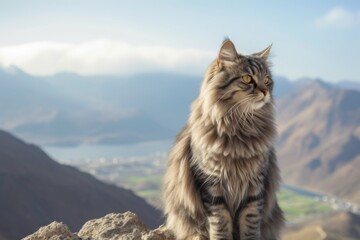 Wall Mural - Full-length portrait photography of a happy siberian cat whisker twitching against a scenic mountain view. With generative AI technology