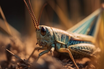 Grasshopper or cricket, close up macro view. Generative AI