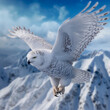 Snowy Owl Flying Over Mountains. Generative AI