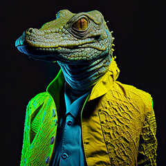 Realistic lifelike crocodile alligator in fluorescent electric highlighters ultra-bright neon outfits, commercial, editorial advertisement, surreal surrealism. 80s Era comeback.