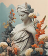 Collage with antique female sculpture and flowers. AI generated image.
