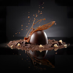 Wall Mural - Photograph of a chocolate dessert in a studio setting. Chocolate bar and chocolate pieces on black background. 3D realistic illustration. Generative AI