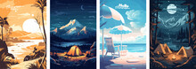Set Of Summer Vacation Vector Illustration Posters With Seaside Landscape, Sunbed, Woman On Vacation, Camping And Fire, Retro And Modern Style For A Greeting Card