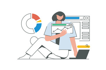 Seo analysis outline web concept with character scene. Woman analyzes search results, increases traffic. People situation in flat line design. Vector illustration for social media marketing material.