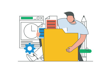 Leinwandbilder - Content manager outline web concept with character scene. Man creating content, making new posts in blog. People situation in flat line design. Vector illustration for social media marketing material.