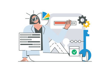 Aufkleber - Cyberspace outline web concept with character scene. Woman in VR headset working with data at screens. People situation in flat line design. Vector illustration for social media marketing material.