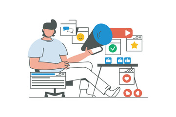 Leinwandbilder - Digital marketing outline web concept with character scene. Man with megaphone promoting business online. People situation in flat line design. Vector illustration for social media marketing material.