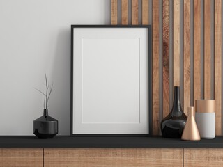 Wall Mural - Black vertical Poster Art Frame Mockup with passepartout with wooden wall, 3d rendering