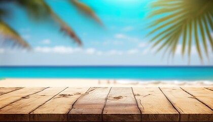 Empty wooden table for product display and background of a beach, copy space, Generative AI