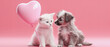 generative ai illustration of a cute white kitten in love with a brown puppy with a pink heart shaped balloon on pink background