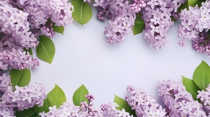  Bouquet of lilac flowers on light background. Valentine's Day, Easter, Birthday, Happy Women's Day, Mother's Day. Top view, copy space. AI generated