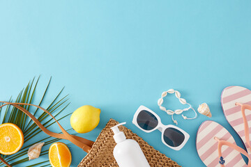 Sticker - Seaside vacation concept. Top view flat lay of stylish bag, sunscreen bottle, flip-flops, shell bracelet, sunglasses, orange lemon and palm leaf on light blue background with space for text or advert