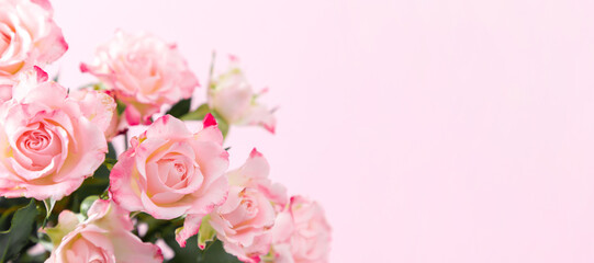 Wall Mural - bouquet beautiful flowers pink roses on pastel pink background table. birthday, wedding, mother's da