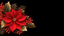 Beautiful Christmas Design Featuring A Bright Red Christmas Flower. A Single Red Flower With Golden Leaves And Red Additions. With Copy Space. Generative AI.