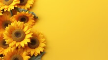 Famous Photorealistic Background Featuring A Field Of Sunflowers On Yellow Backdrop. Gorgeous Design With Sunflower. With Copy Space. Generative AI. 