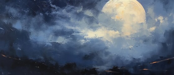 Oil painting of a night sky with stars and a full moon. Famous paint with oil brush strokes. Exclusive wallpaper texture, interior design. Generative AI composite. 