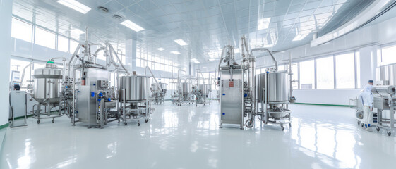 Wall Mural - large brightly lit hall with metal tanks and lab equipment - inside of biopharmaceutical medicine fa